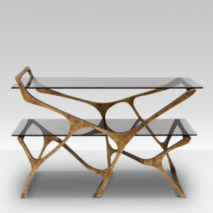 1970s Sculptural Metal Console Table | Glass Tops